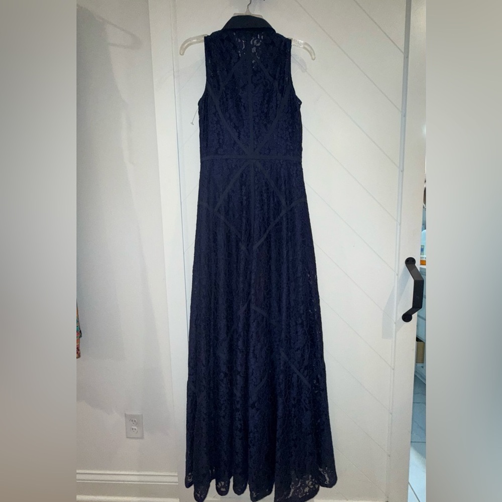 Aidan Mattox sz 4 twilight blue floor length lace gown dress buttons collar $700 - Picture 8 of 16